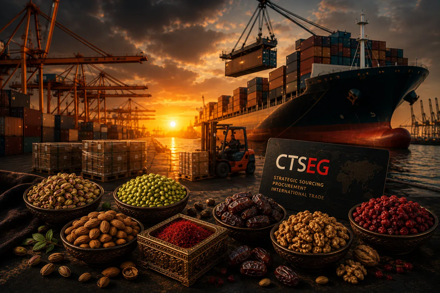 Uluslararası ticaret akışını temsil eden liman ve ürün numuneleri